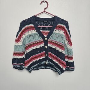 Vintage Hand Crochet Sz M Colorful Striped Open Cropped Cardigan Sweater